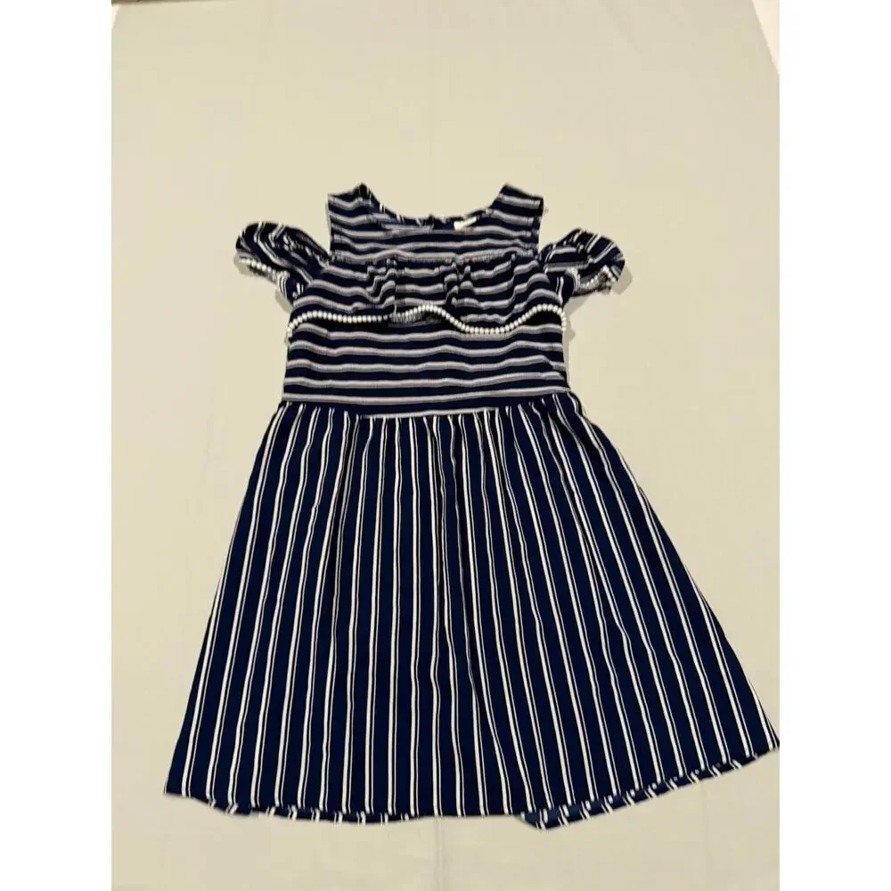 Wonder Nation Girls M (7-8) Blue White Striped Fit & Flare Ruffle Sleeve Dress